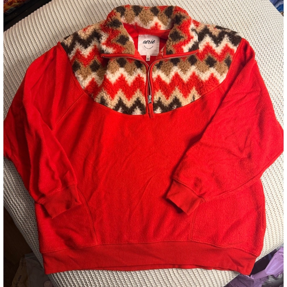 Aerie Womens Red Sherpa Yoke Quarter Zip Pullover Sweatshirt Geometric Small